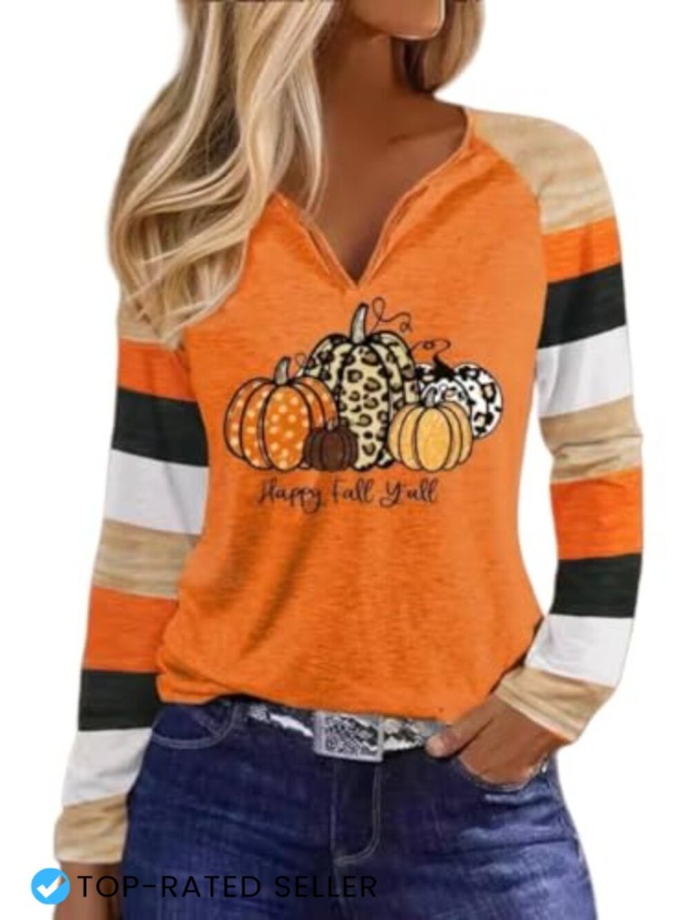 Womens Cotton Blend Long Sleeve Notch Neck Graphic Tee Tunic Fall Halloween